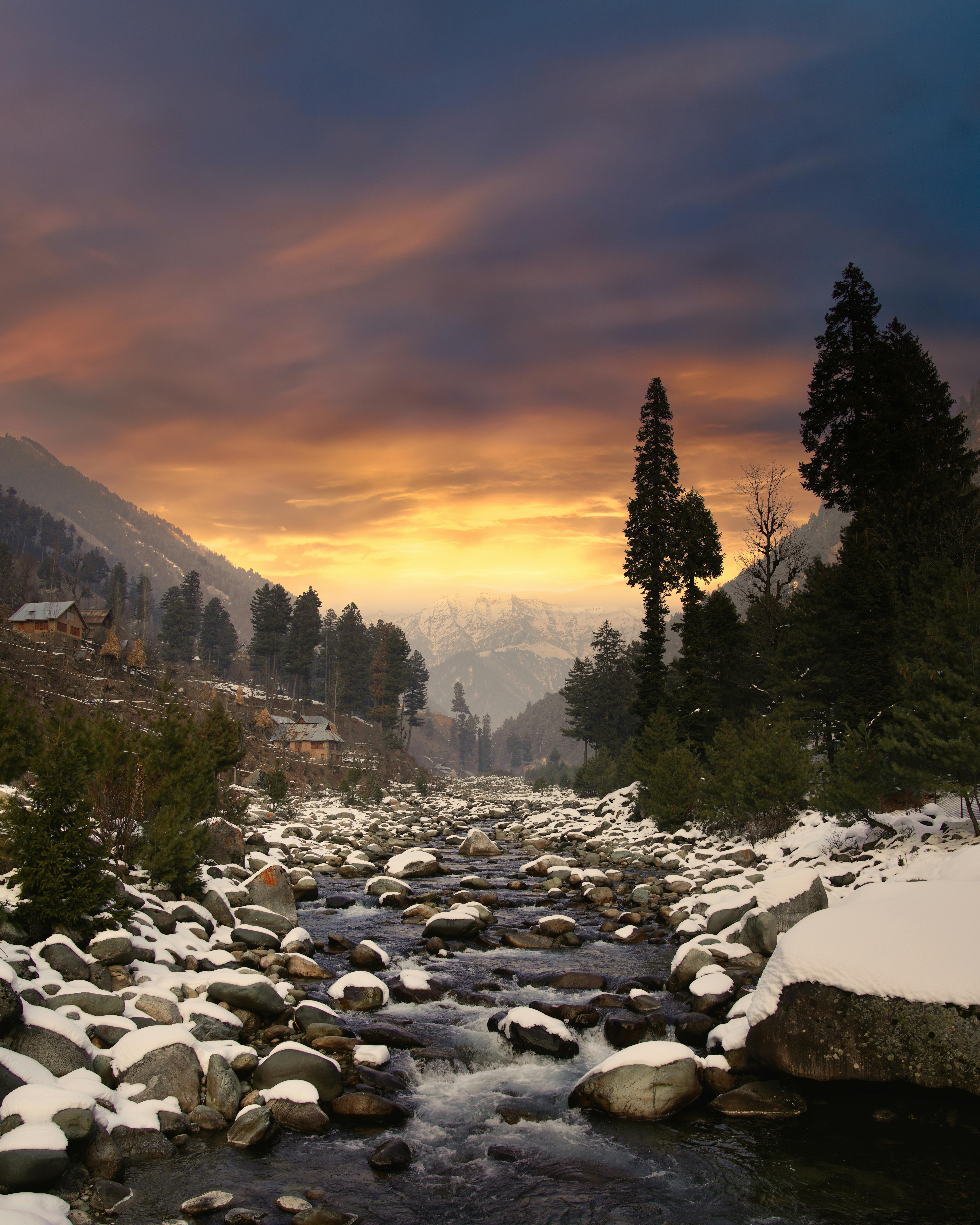 Sunset Over Snow Capped River In Kashmir Valley · Free