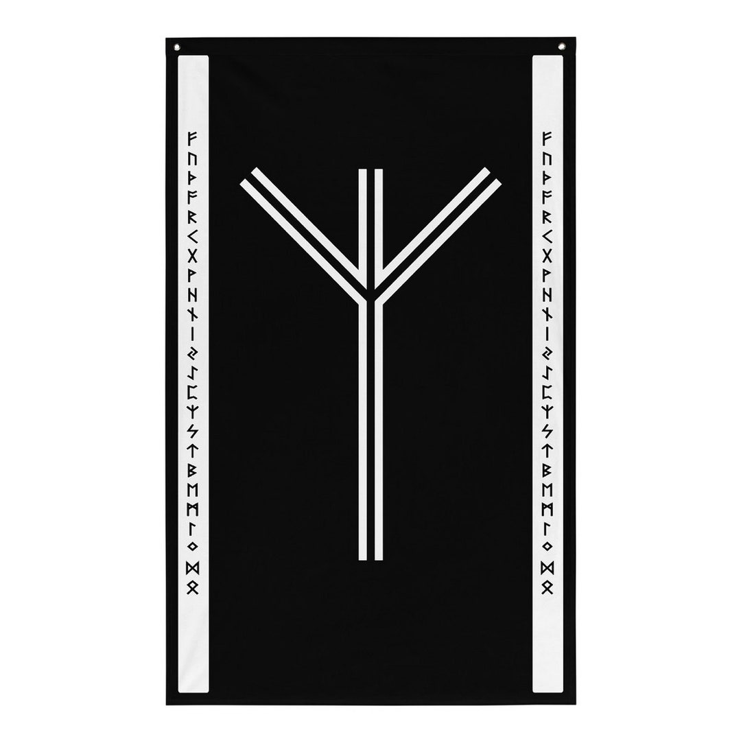 Algiz Elder Futhark Runes Black White Wall Hanging Flag, Norse Pride, German Pride, Wall Decor, Wall Art