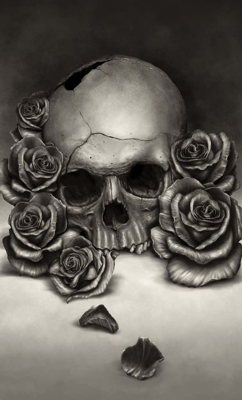 Download Artistic Deformed Skulls And Roses Wallpaper