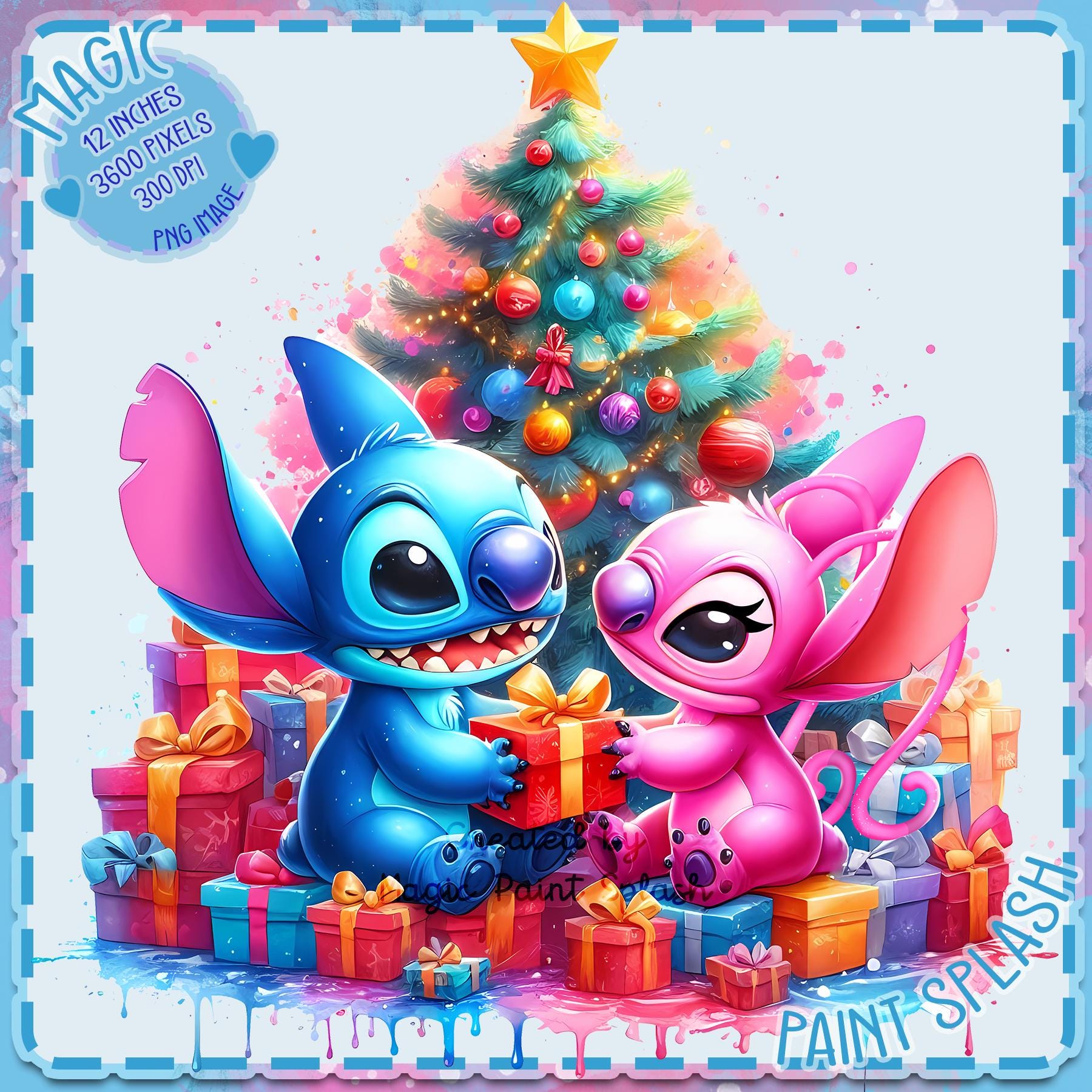 Stitch and Angel Christmas PNG: Watercolor Clipart Image (digital Download)