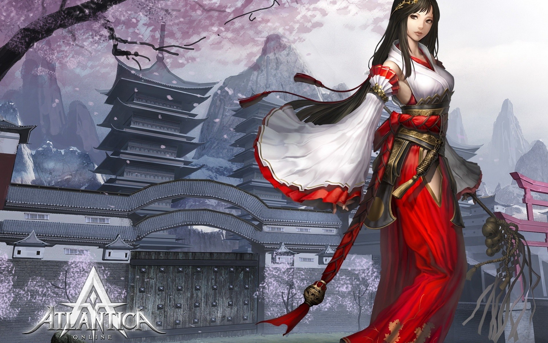 video, Games, Mountains, Cherry, Blossoms, Text, Long, Hair, Buildings, Miko, Pagodas, Mmorpg, Priestess, Bells, Torii, Flower, Petals, Staff, Japanese, Clothes, Detached, Sleeves, Atlantica, Online, Black, Hair Wallpaper HD / Desktop and Mobile