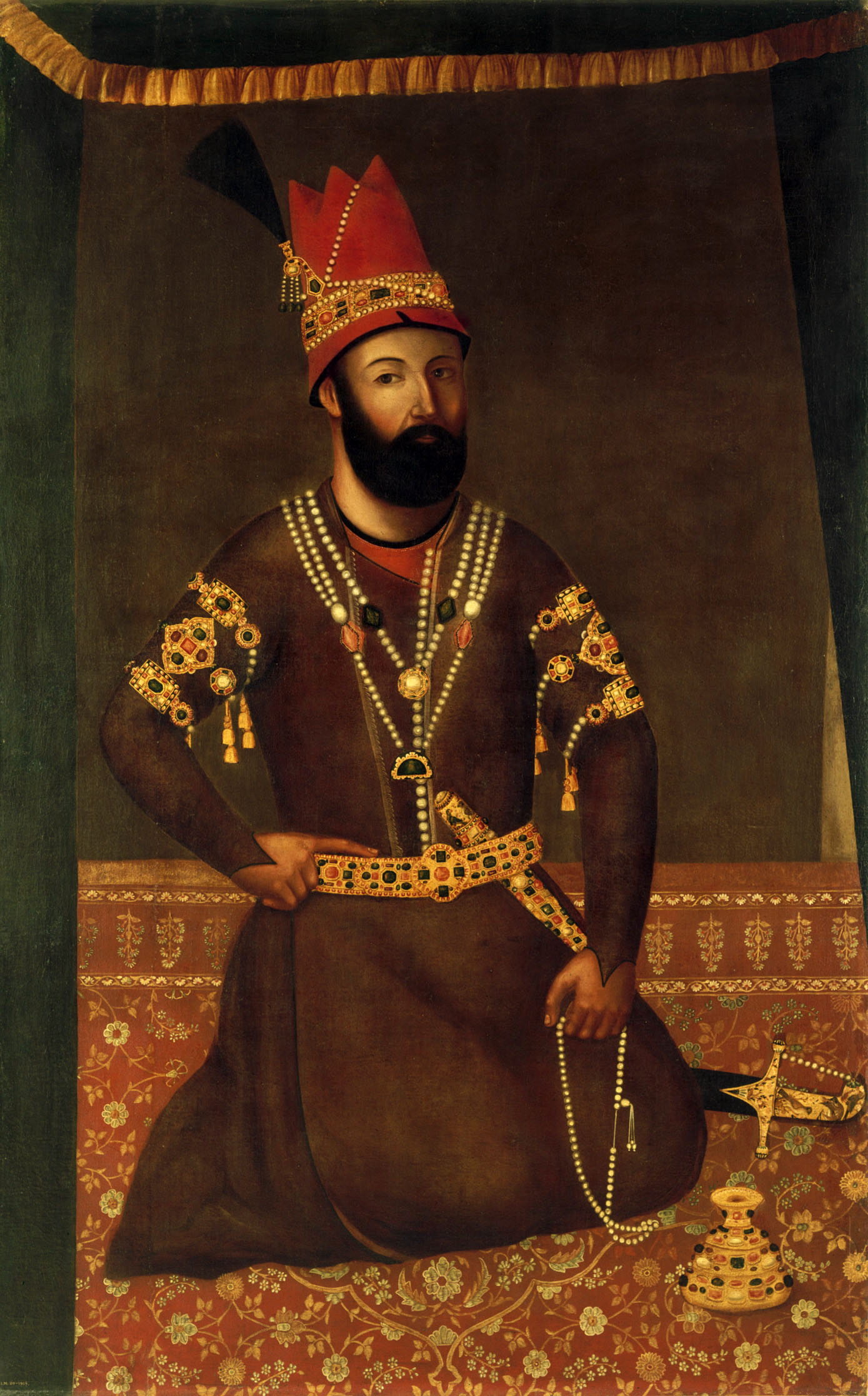 Painting, portrait of Nader Shah seated on a carpet, oil on canvas, probably Tehran, 1780s or