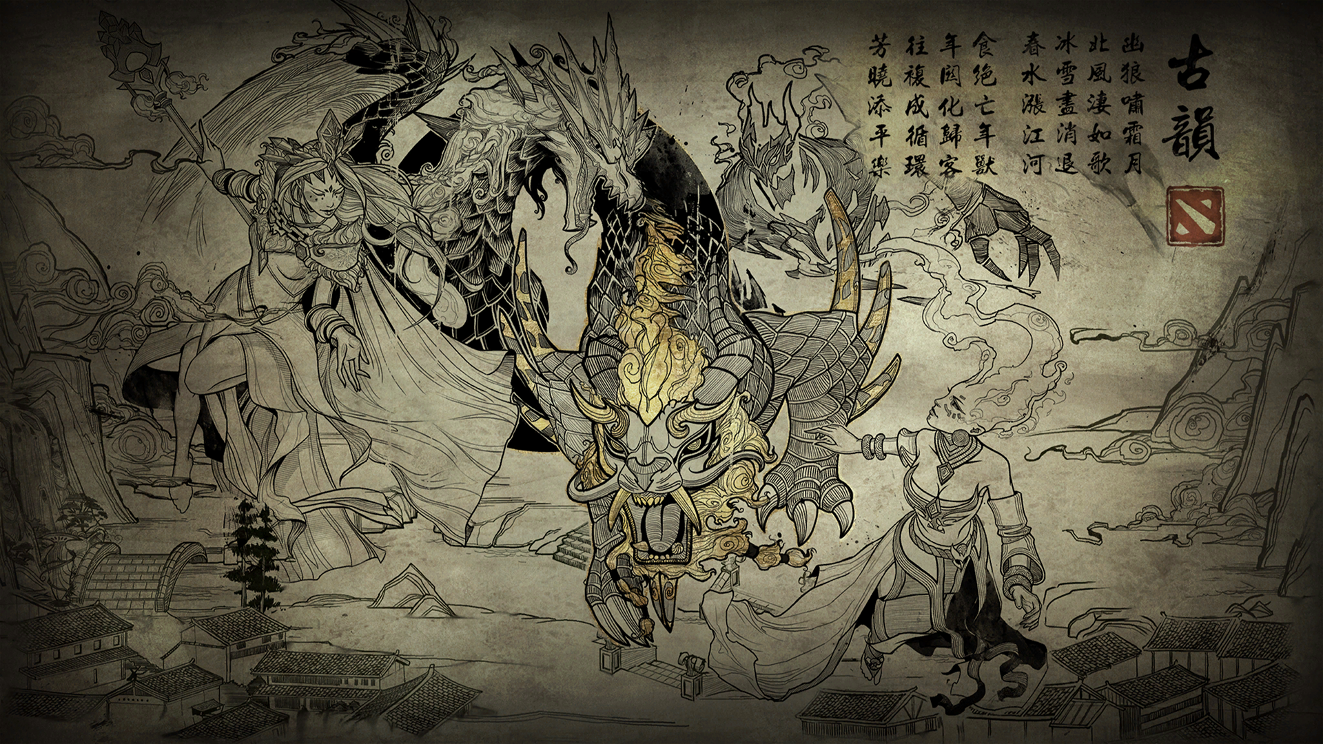 Game Dota 2 in the style of Japanese painting Desktop wallpaper 1920x1080