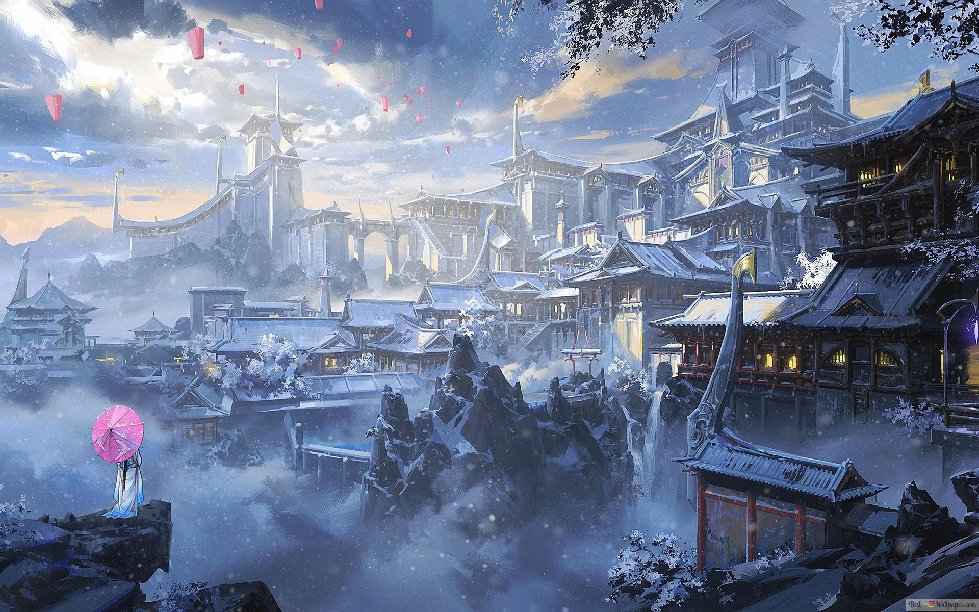 Japanese Castle Fantasy Girl 4K wallpaper download