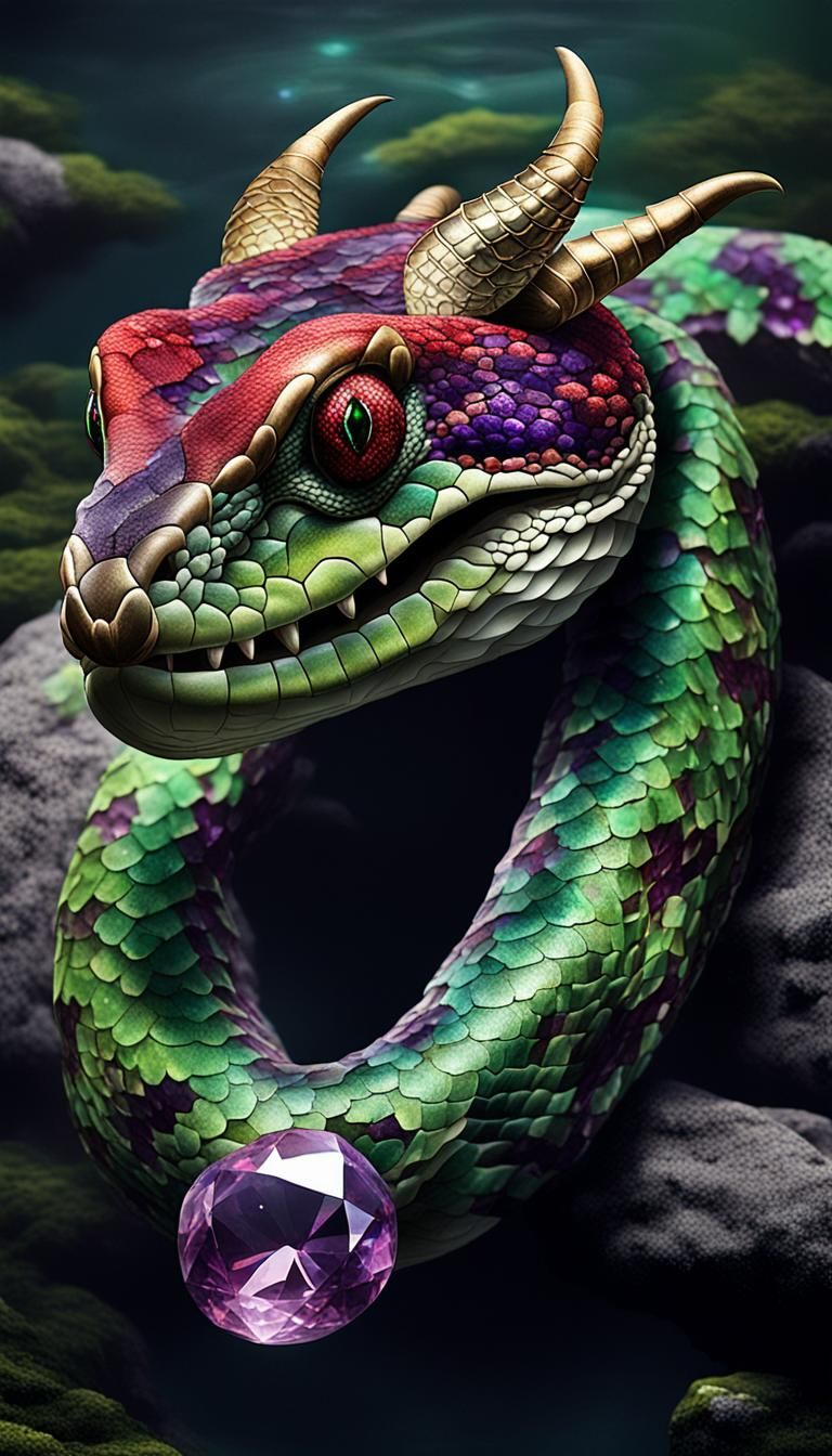 A red and green scaled Titan boa snake with several horns on it head and a purple diamond shaped gemstone embedded in its forehead in a rive