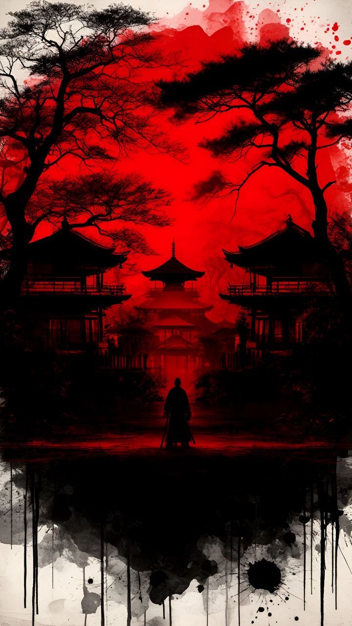 free 4K wallpaper japan, temple, garden, samurai, red, black, watercolor, art by ????????