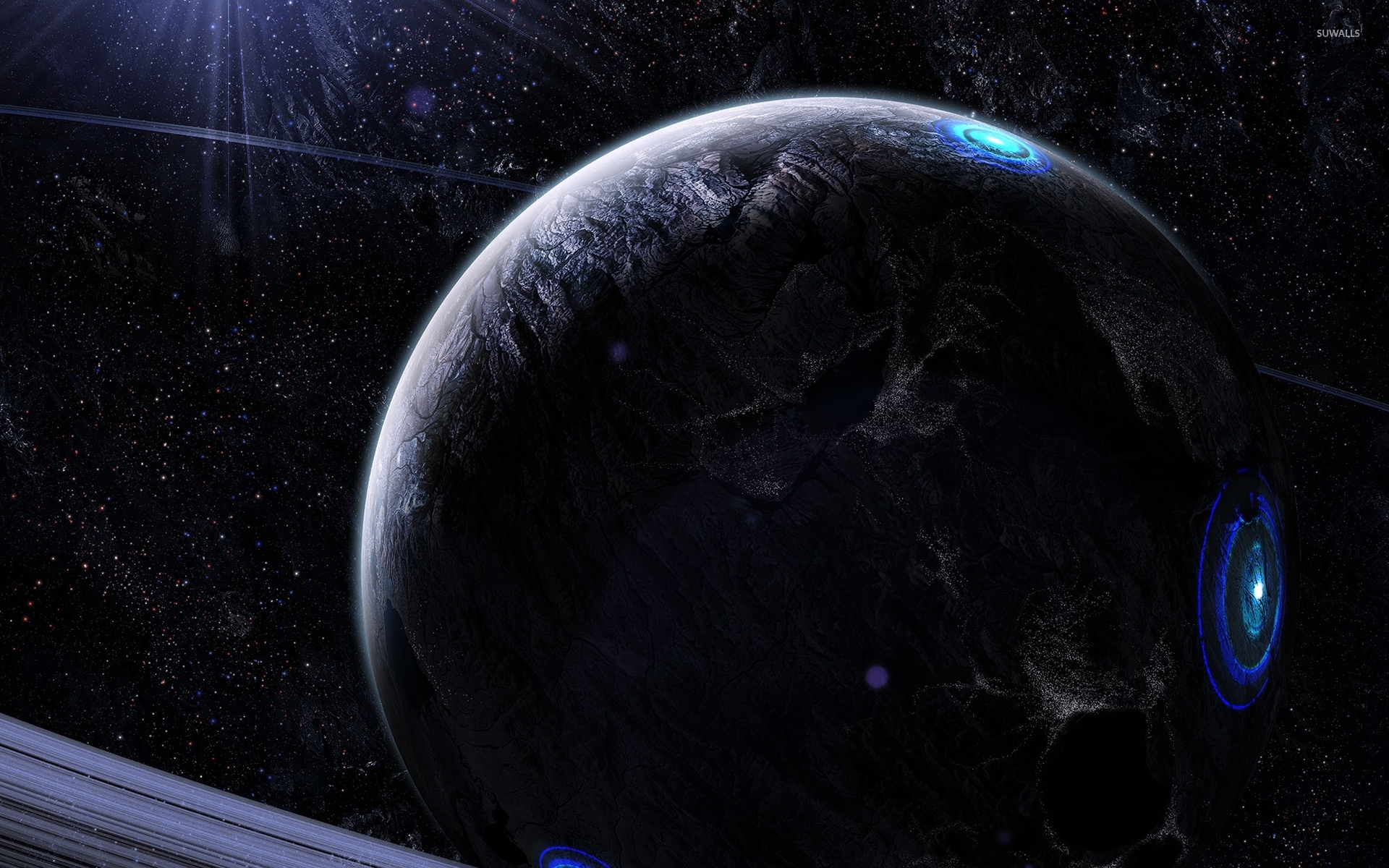 Blue lights on the black planet wallpaper wallpaper