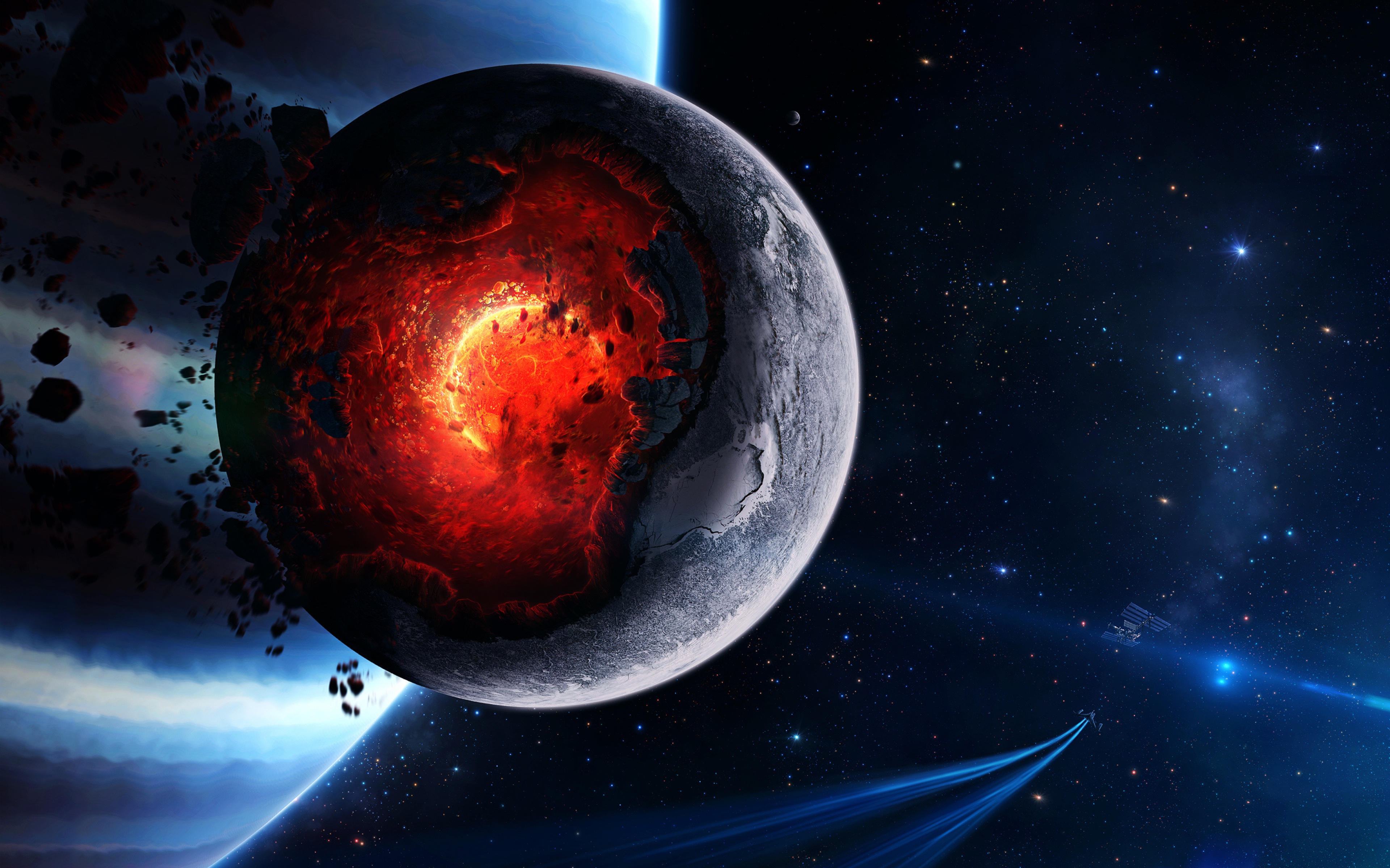 Wallpaper Red and Black Planet With Blue and White Stars, Background Free Image