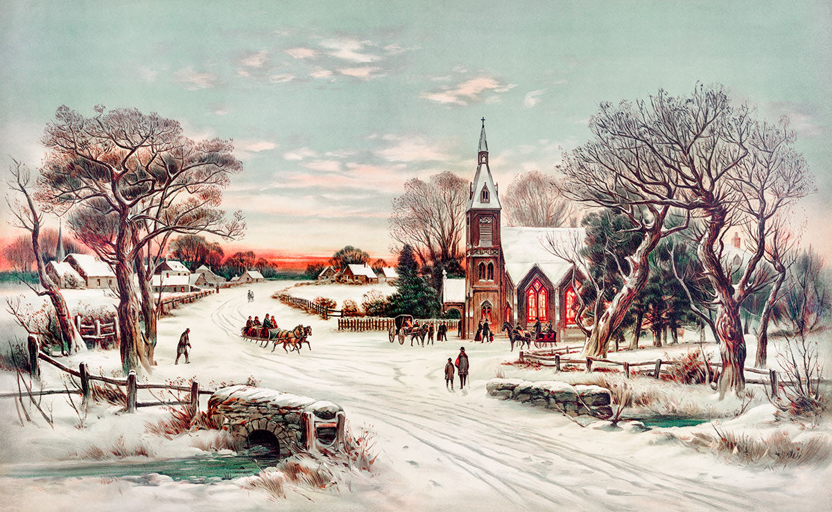 Vintage Winter Village Landscape Mural Wallpaper