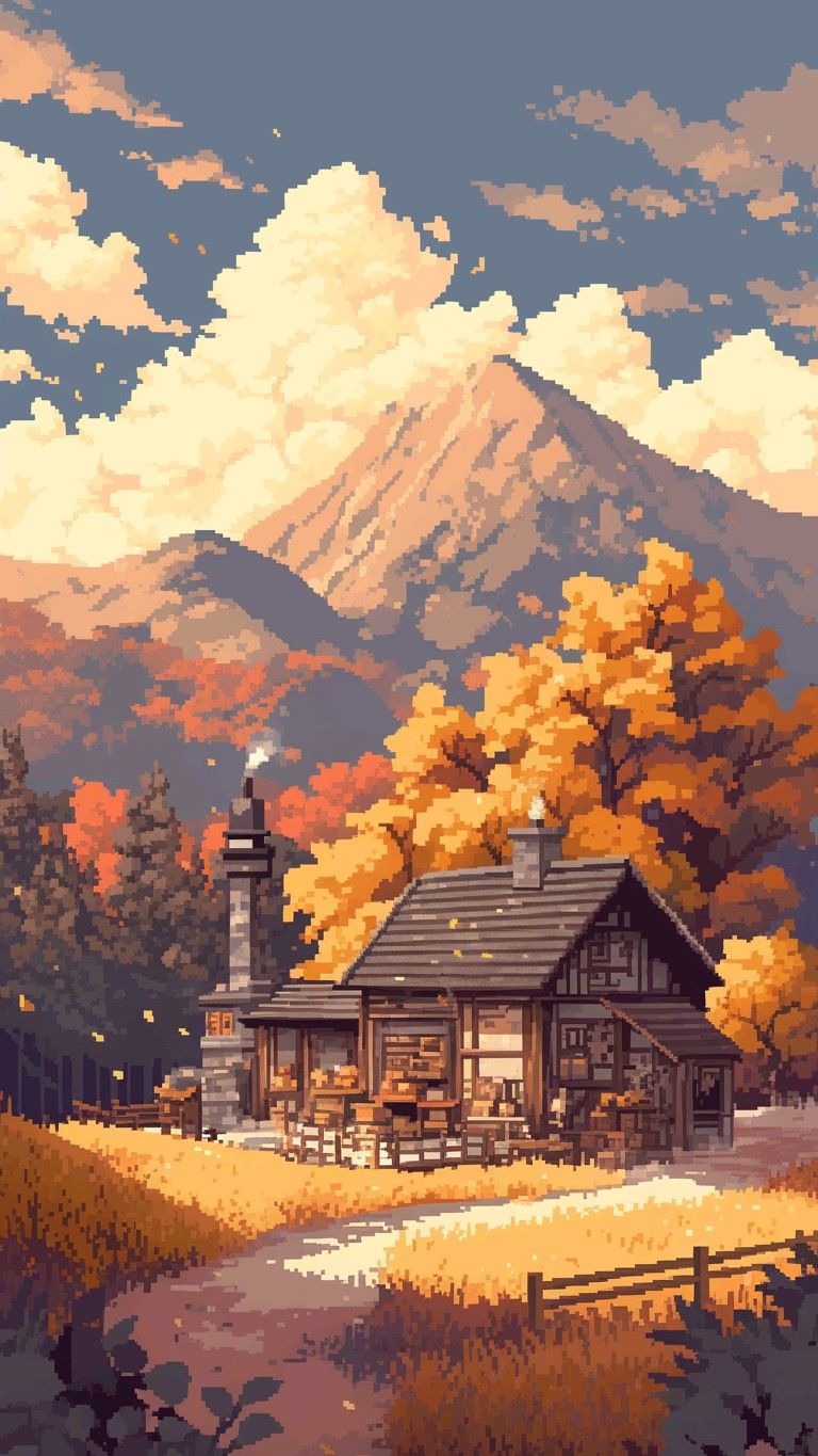 Autumn Mountain Cabin Pixel Art Wallpaper