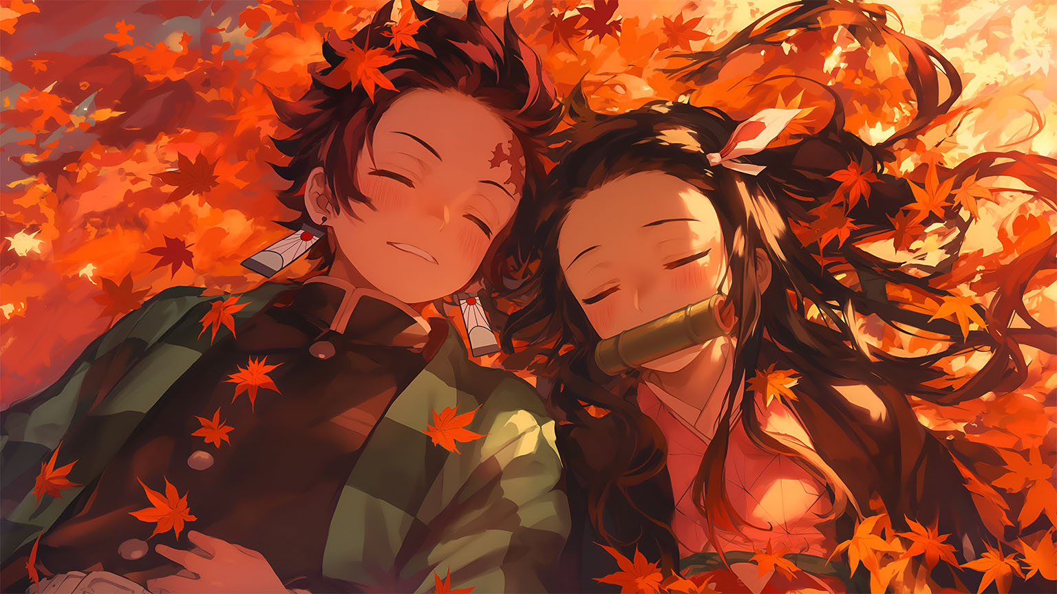 Tanjiro Nezuko Autumn Leaves Desktop Wallpaper in 4K