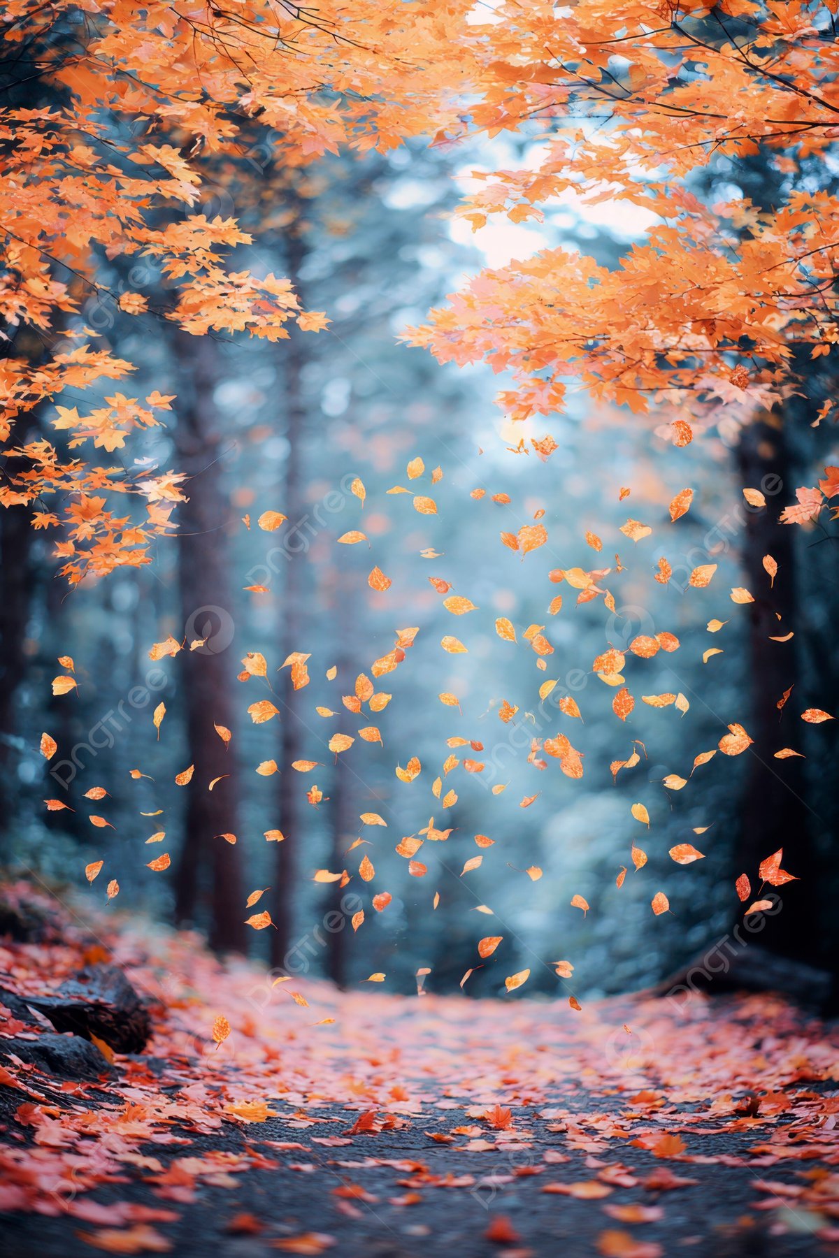 Autumn Leaves Falling In The Forest Creating An Enchanting Atmosphere Background Wallpaper Image For Free Download