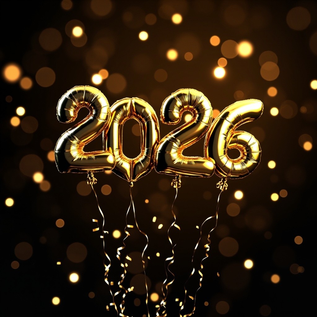 Golden Foil Balloon Happy New Year 2026 on Dark Bokeh Background, 3D Rendering
