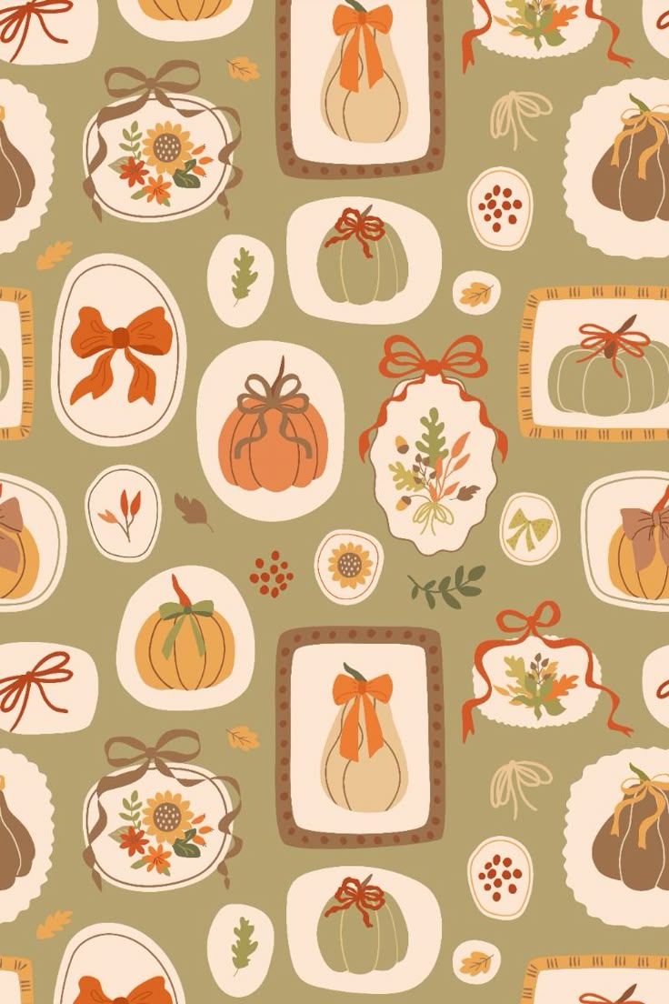 Salty caramel autumn pumpkins, bows and ribbon seamless pattern. Fall or Thanksgiving textile design