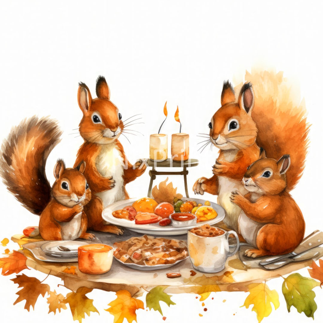 Squirrel Clipart, Thanksgiving Themes, Family Dinner Scenes Clipart, Digital Sticker for Acrylic, Craft for Dinosaur