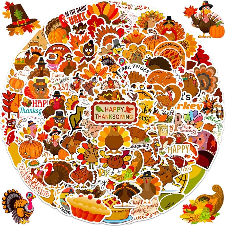 Thanksgiving Stickers Pack, 100Pcs Cute Vinyl Thanksgiving Stickers for Water Bottles Envelopes Scrapbooking Crafts, Funny Fall Hoilday Sticker Gifts for Kids Teens Adults, Toys & Games