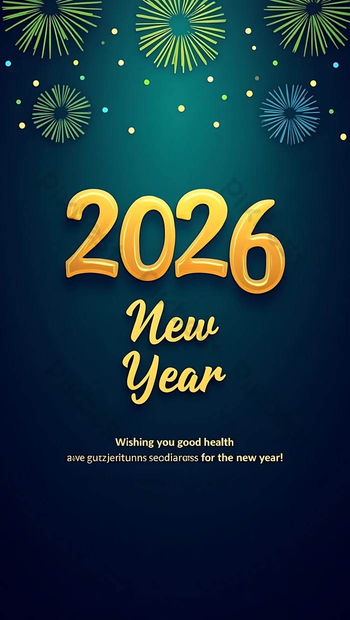 Elegant 2026 New Years Greeting Gold Numerals Fireworks Festive Teal Background. JPG Free Download