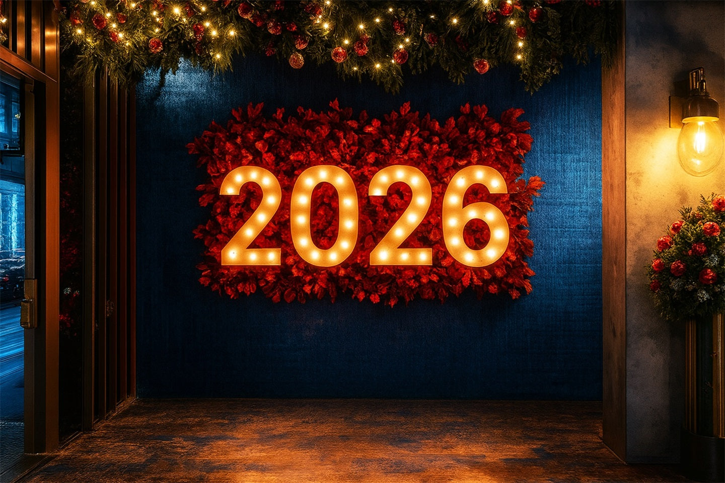2026 New Year Backdrop Festive Lighted Decorations Happy New Years Bac
