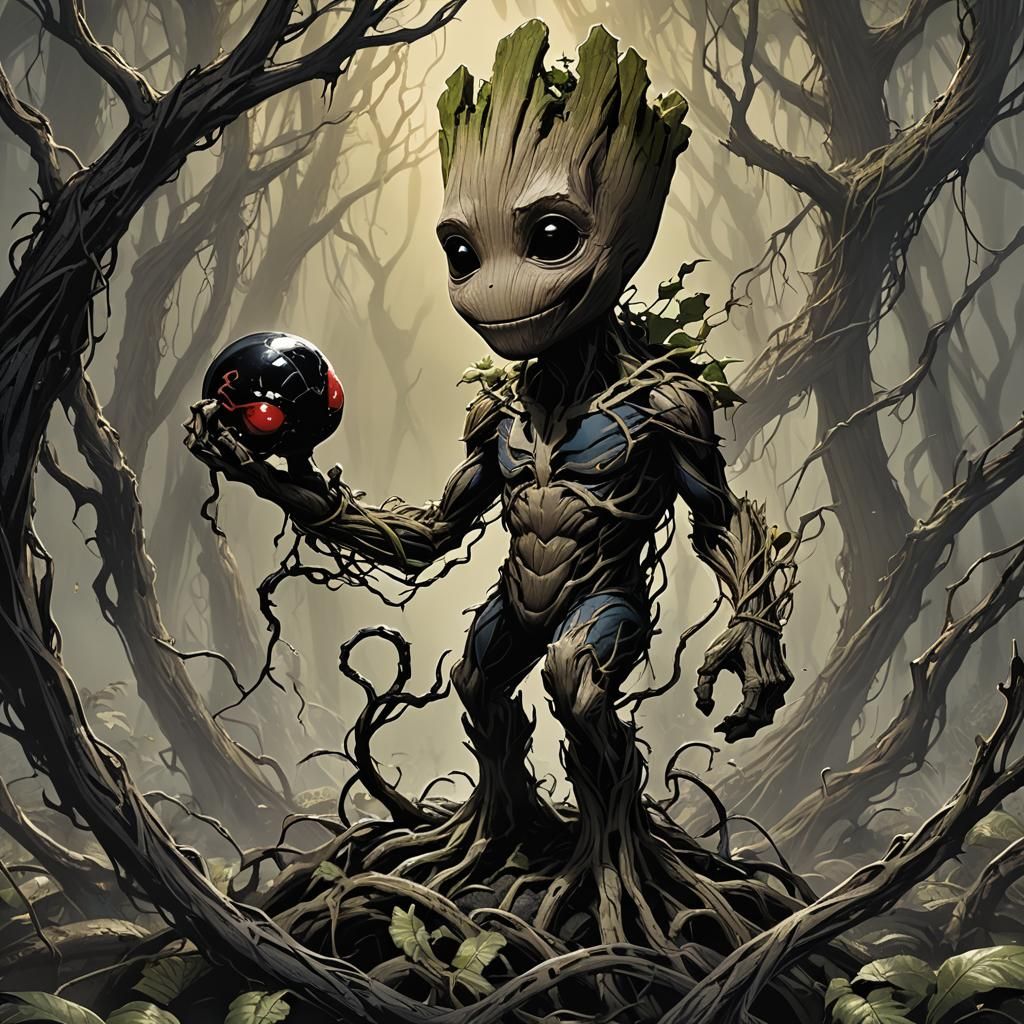 Baby Groot with venom symbiote Groot with venom symb