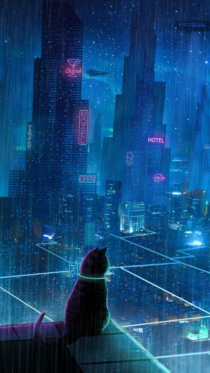 Cat, roof, city, neon lights, cyberpunk wallpaper