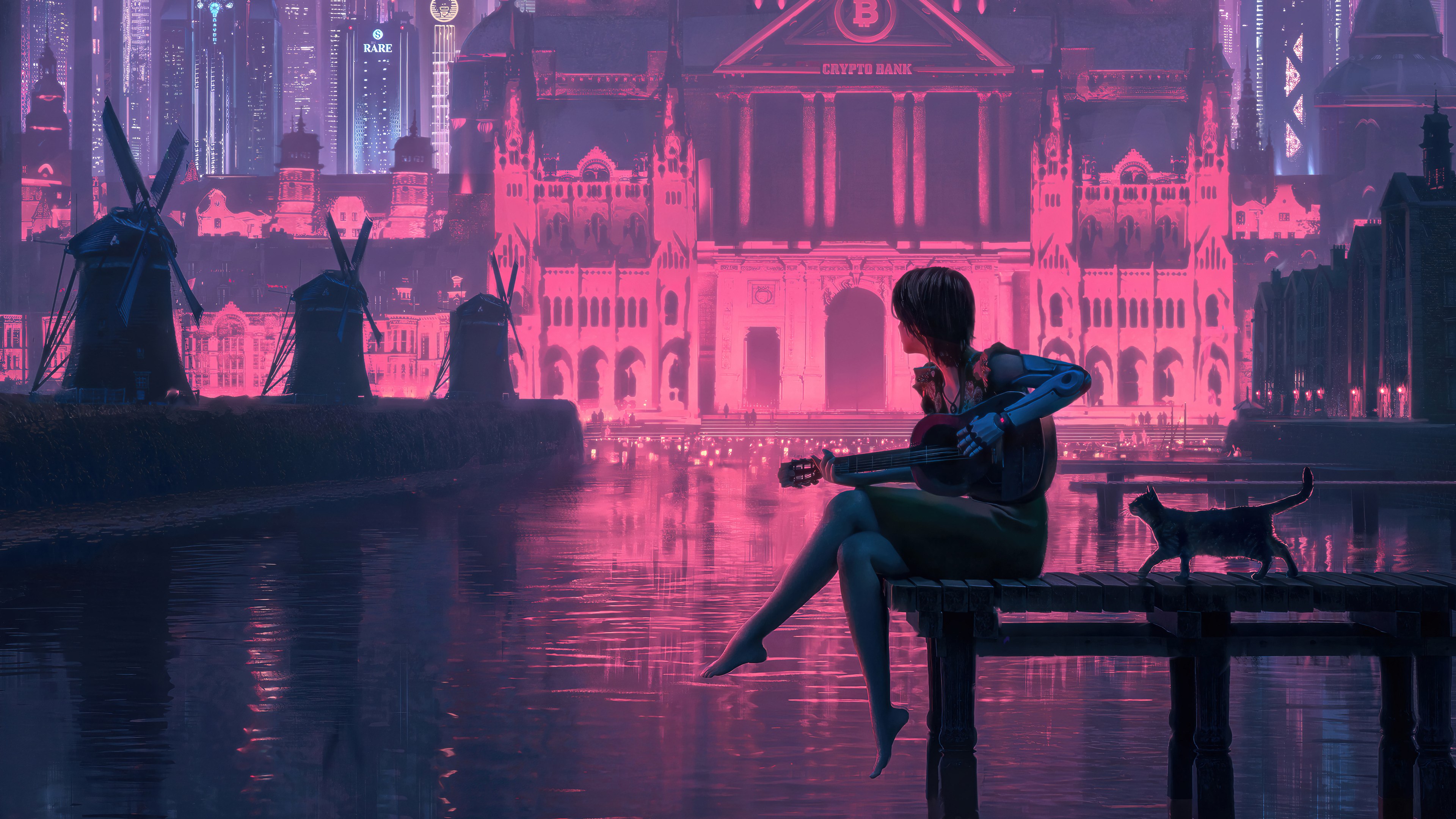 Cyberpunk Girl Playing Guitar with Cat Wallpaper 4K HD PC h