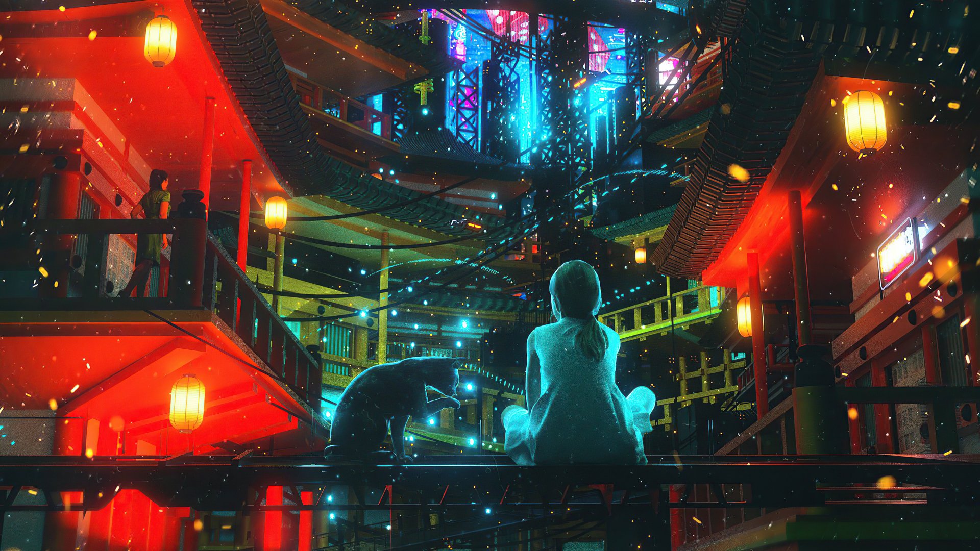 Futuristic Sci Fi Woman And Cat In Neon CityK Ultra HD Wallpaper