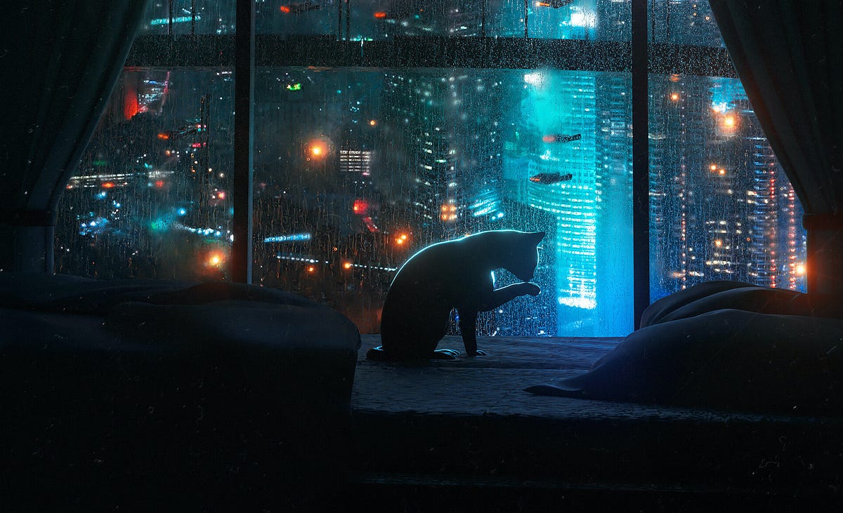 The Charm of The Cyberpunk Cat. Dawn breaks over the outdoor market.