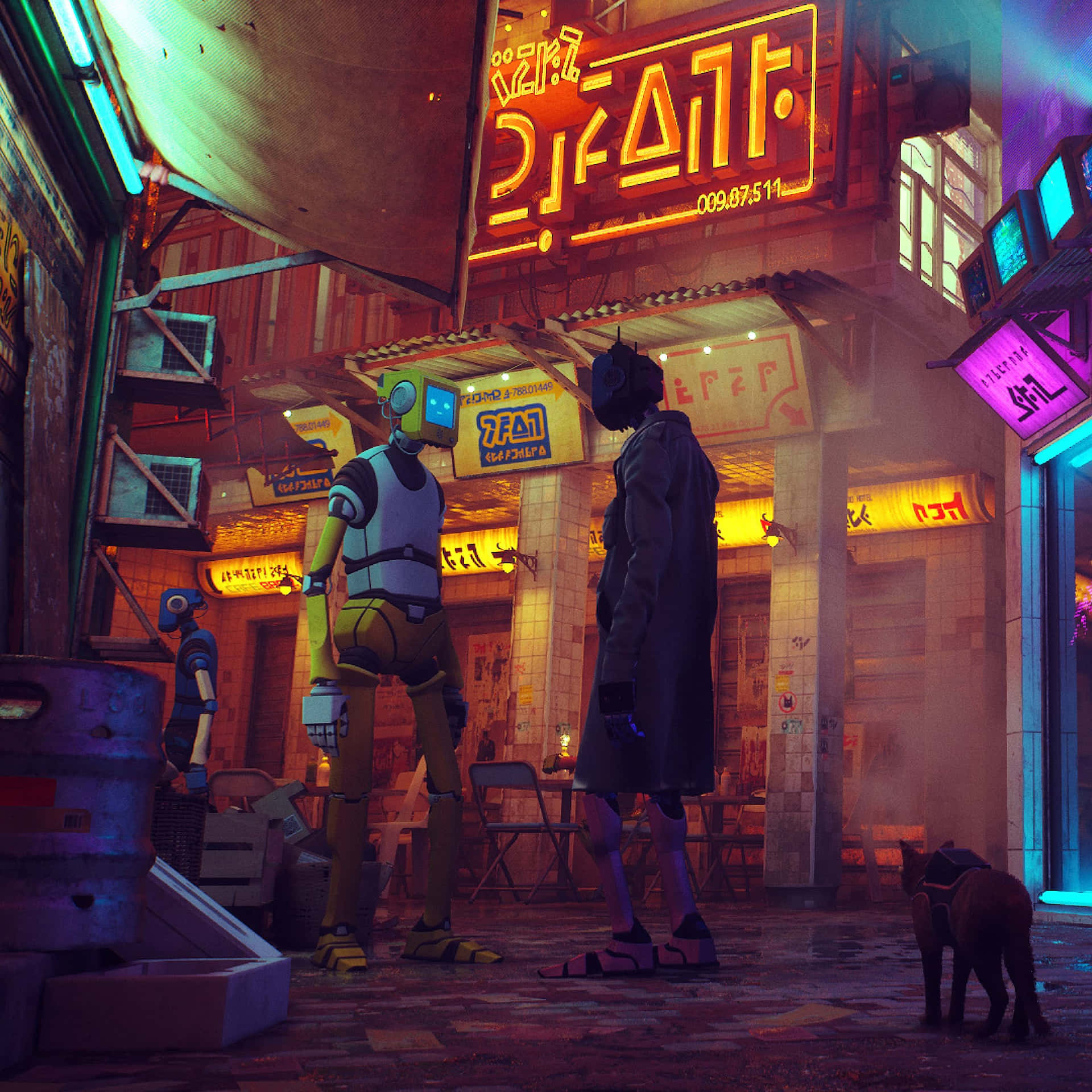 Download Cyberpunk_ Alley_with_ Robots_and_ Cat Wallpaper
