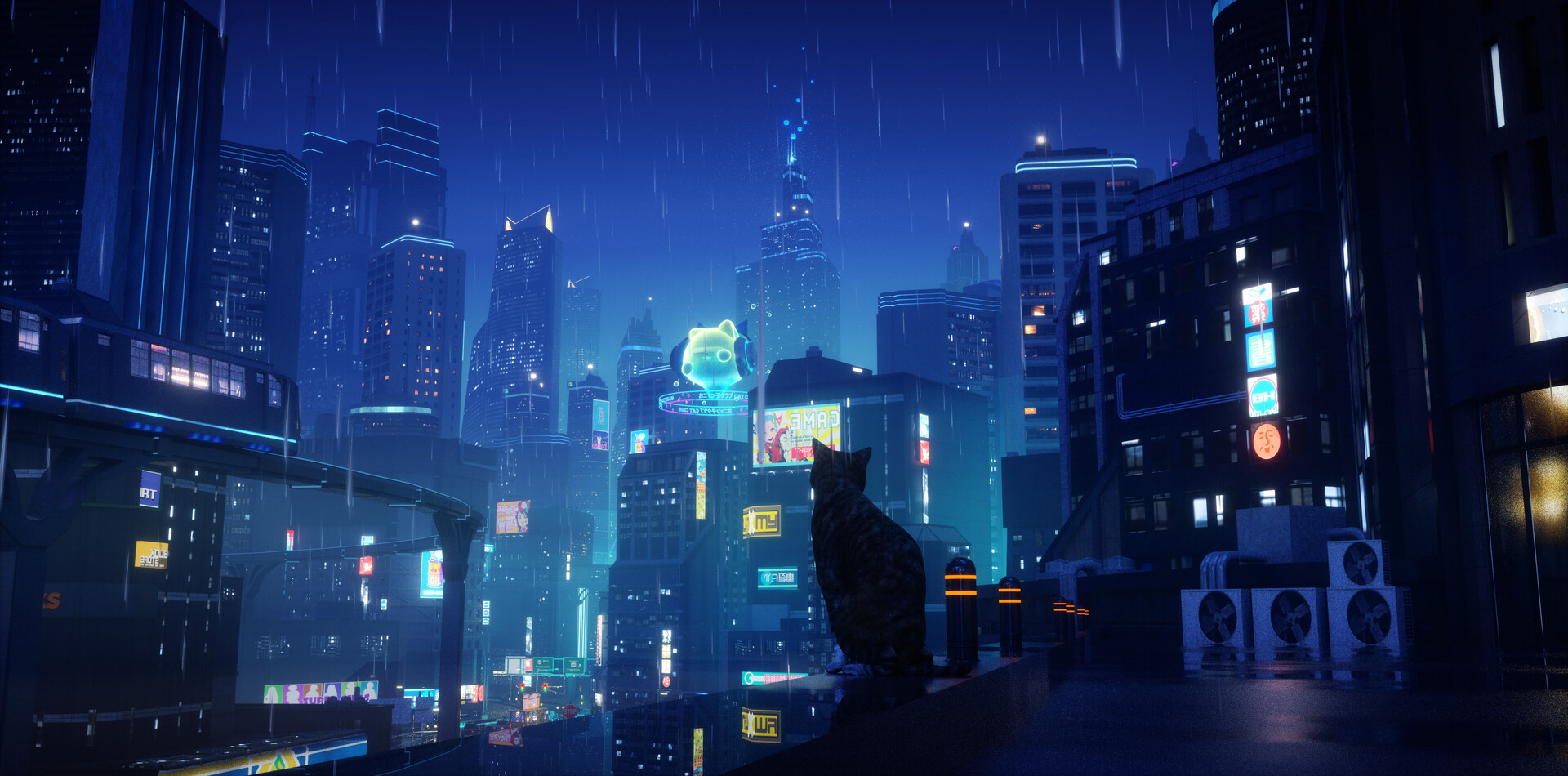 The cat hunched in corner of cyberpunk city