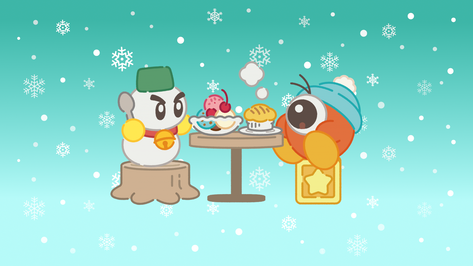 A desktop wallpaper featuring the new Kirby Cafe winter line ❄
