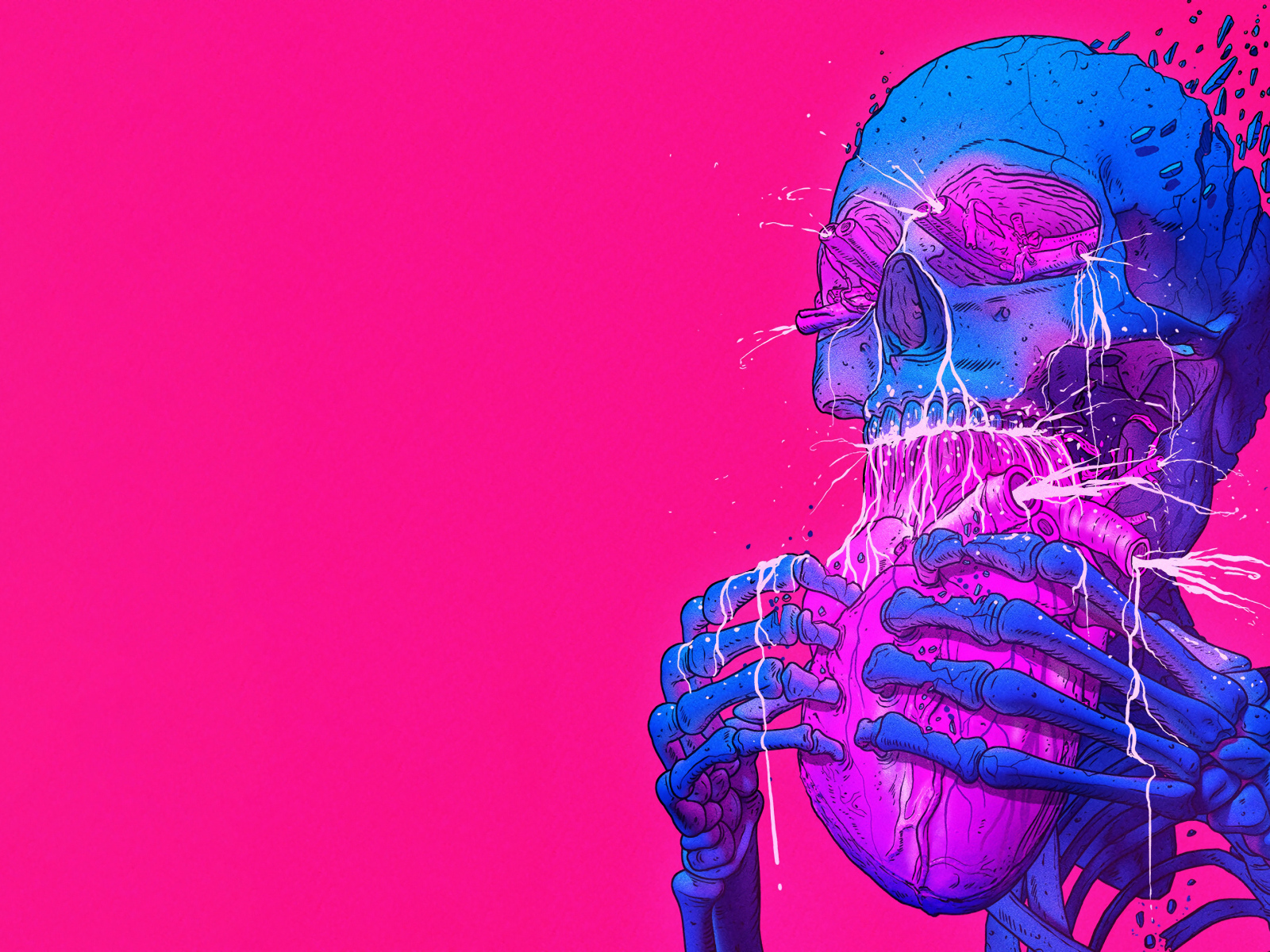 Blue skeleton eating heart on pink background Desktop wallpaper 1600x1200