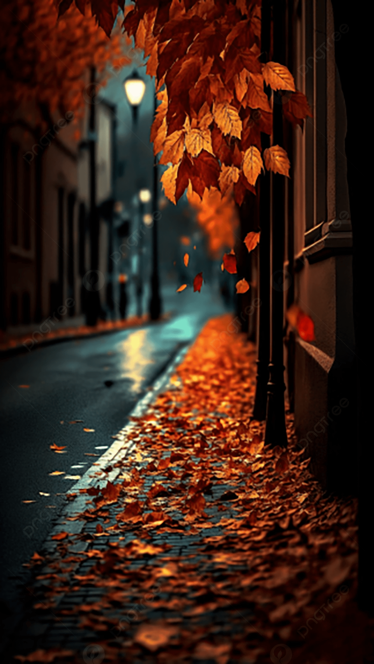 Fallen Leaves Night Street Background Wallpaper Image For Free Download