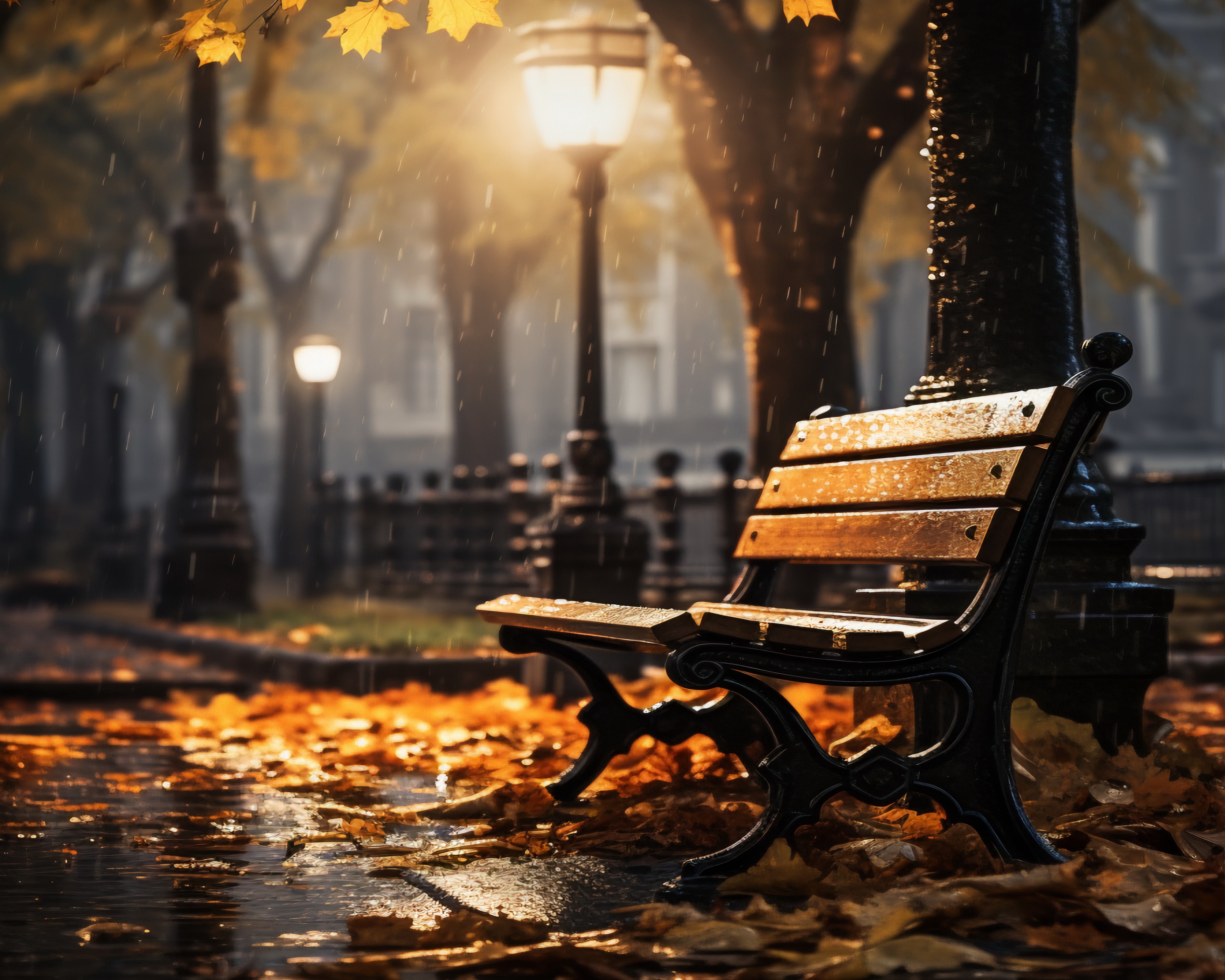 Wallpaper autumn, leaves, bench, Park, trees, night, park, autumn for mobile and desktop, section пейзажи, resolution 3584x2867