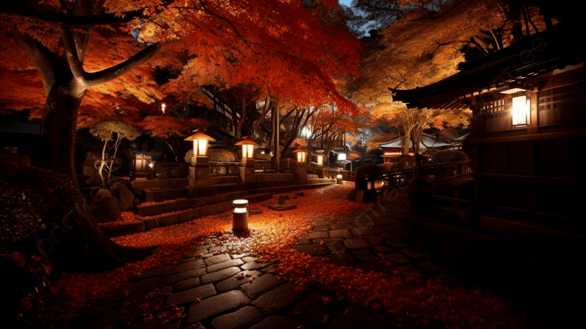 Path In The Night With Red Leaves Around It, Autumn In Kyoto Kitano Tenmangu Shrine Autumn Leaves Light Up, HD Photography Photo, Tree Background Image And Wallpaper for Free Download