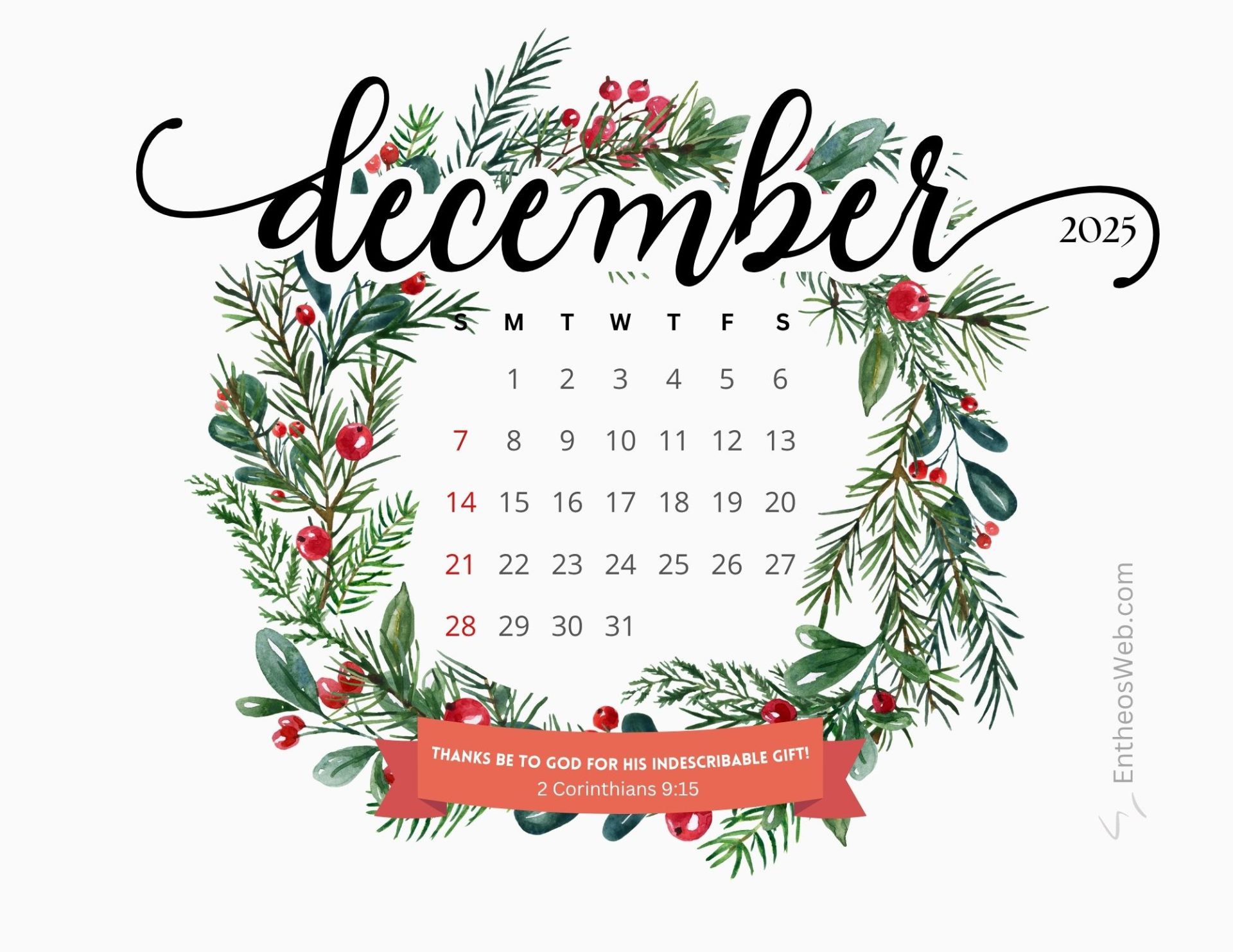 Printable Christian December 2025 Calendars with Bible Verses