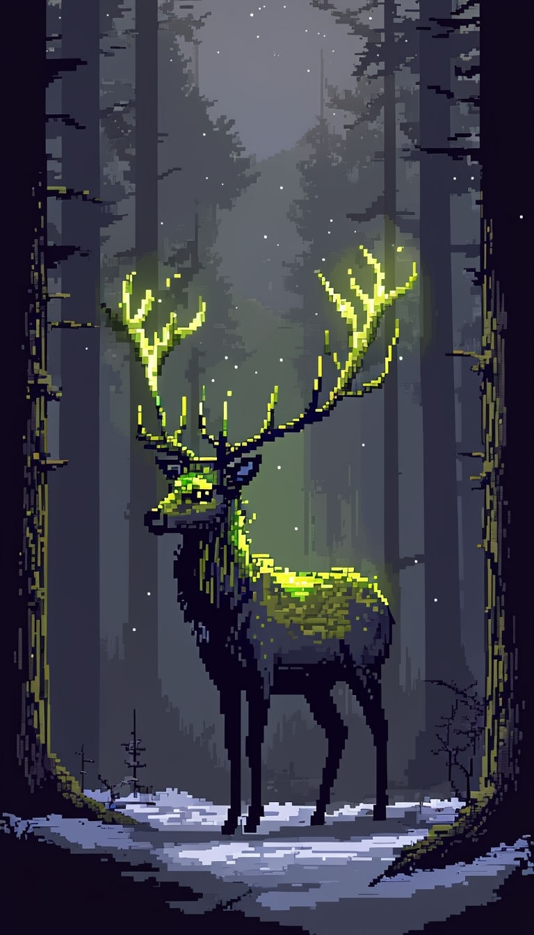 Mystical 8 Bit Deer In Dark Forest Pixel Art Mobile Wallpaper