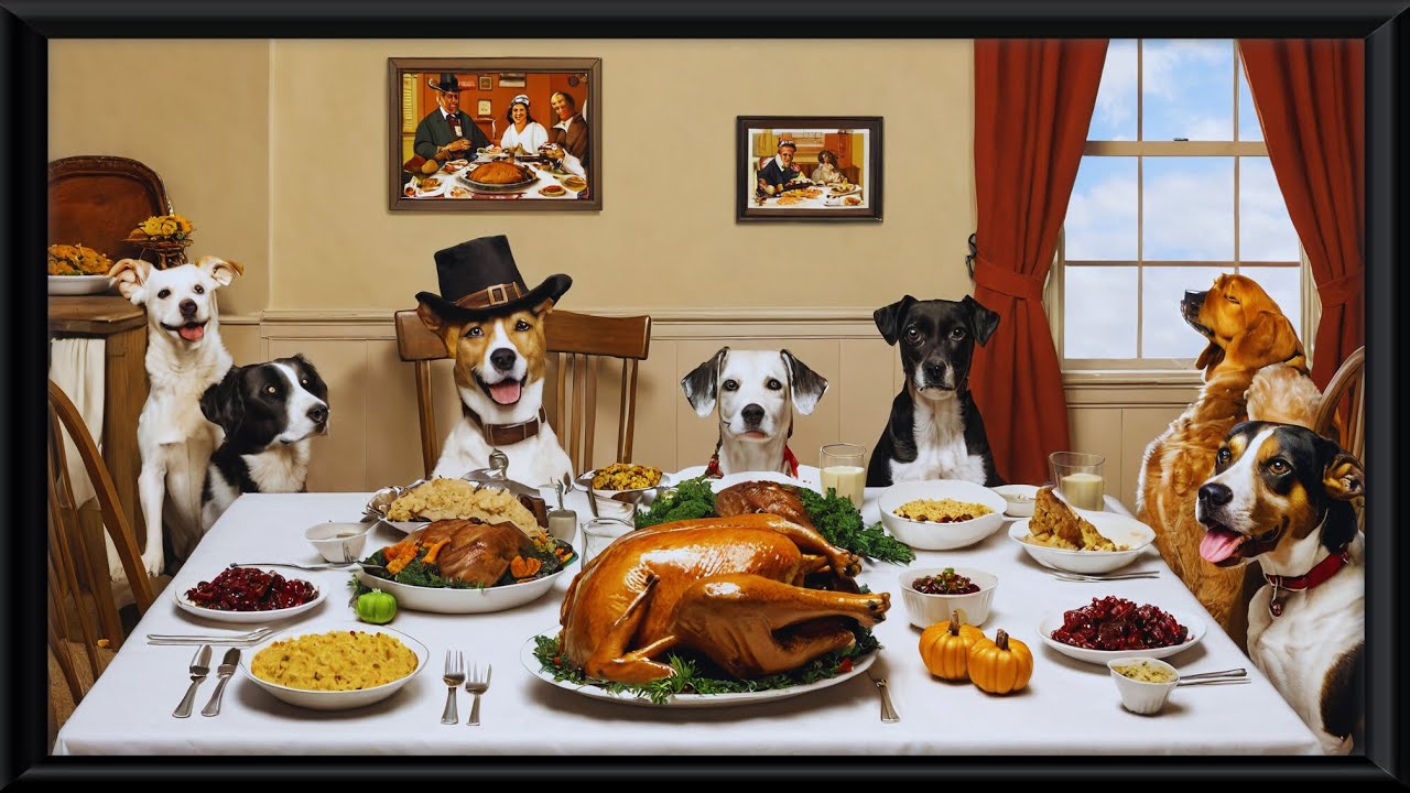 Whimsical Dog Thanksgiving Art TV Screensaver Wallpaper / 1 Hour / 4 Scenes With Music