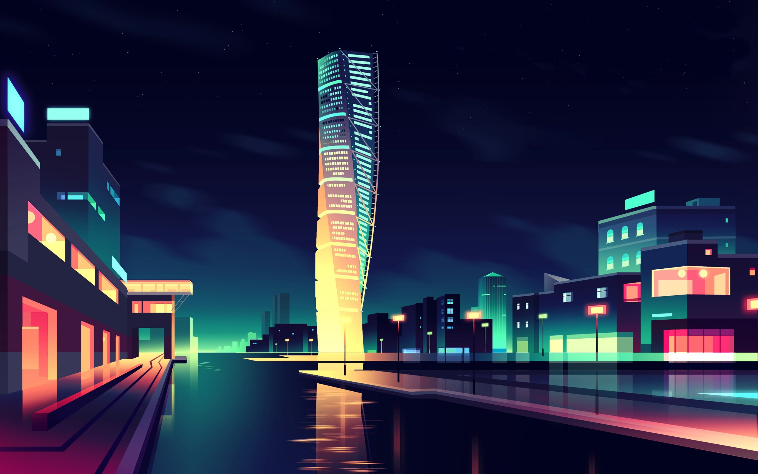 Wallpaper Vector picture, city, skyscrapers, colors, night 3840x2160 UHD 4K Picture, Image
