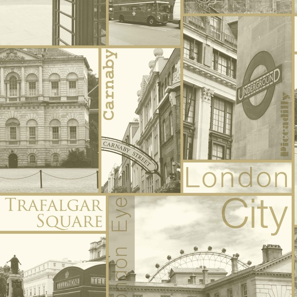 ***Sample Arthouse Carnaby Sepia Vintage London Photo Motif Gold Wallpaper 8885