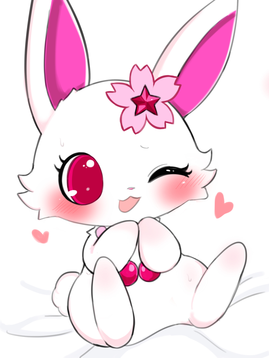 Safe, Artist:32up, Ruby (jewelpet), Hare, Japanese Hare, Lagomorph, Mammal, Semi Anthro, Jewelpet (sanrio), Sanrio, 2022, 2d, Blushing, Ears, Flower, Flower On Head, Tail