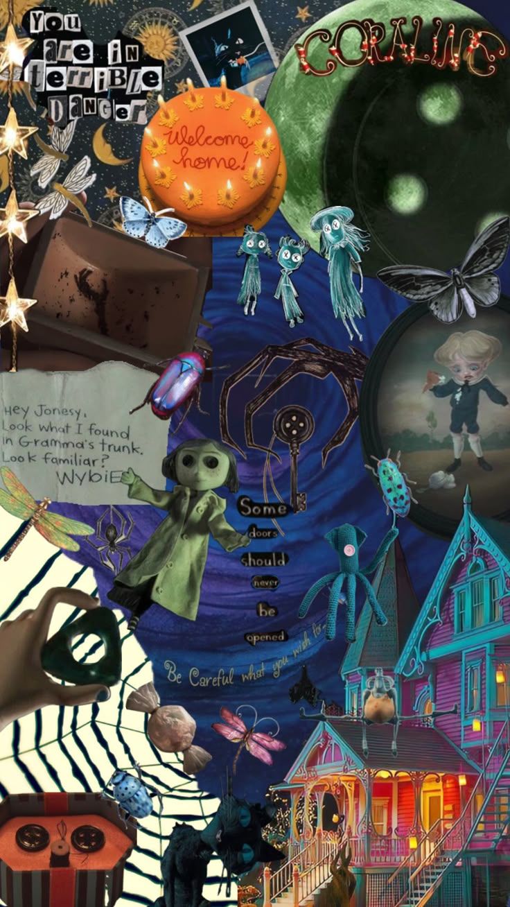 Coraline wallpaper collage inspo #vintage #wallpaper #books #movie #halloween #wallpaper #collage #art #collageart #background #october #fall #inspo #coraline #aesthetic