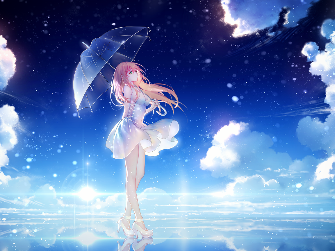 Beautiful anime girl under an umbrella against the sky Desktop wallpaper 1152x864
