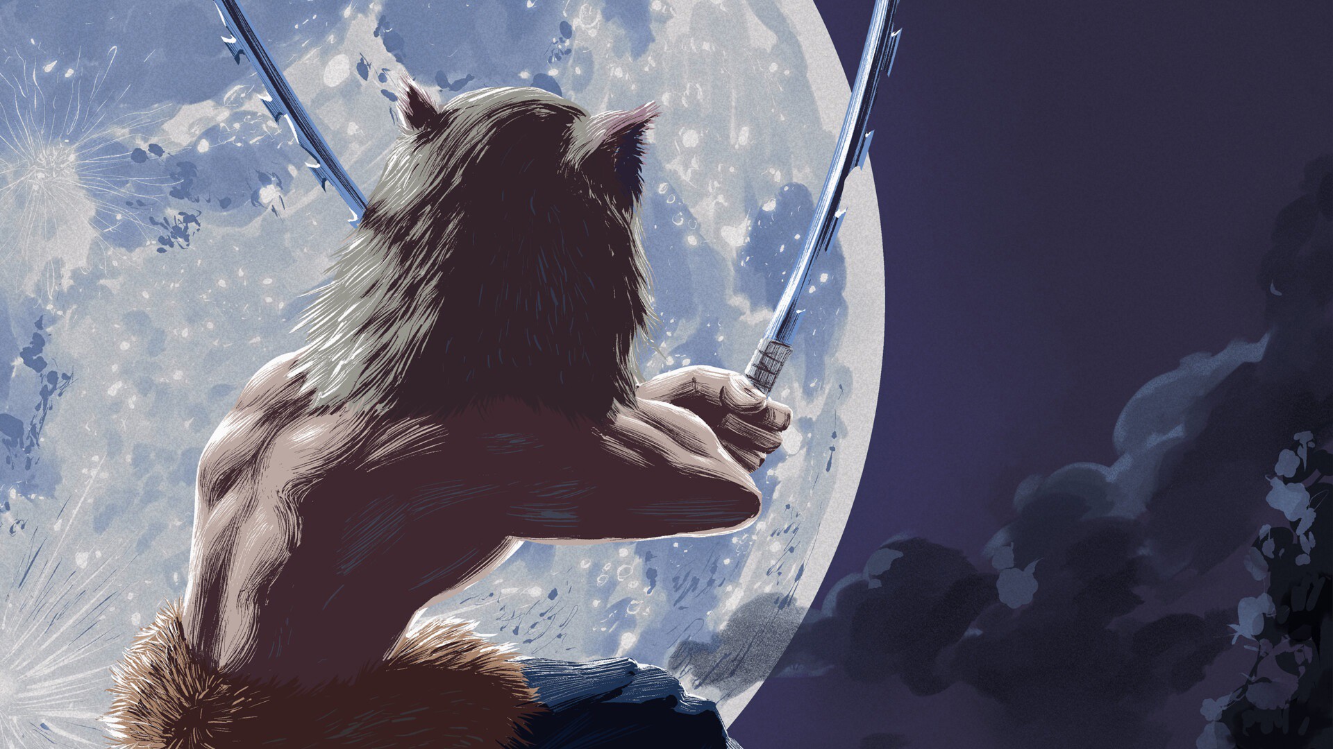 Demon Slayer Inosuke Hashibira With Swords On Back View With Background Of Moon HD Anime Wallpaper