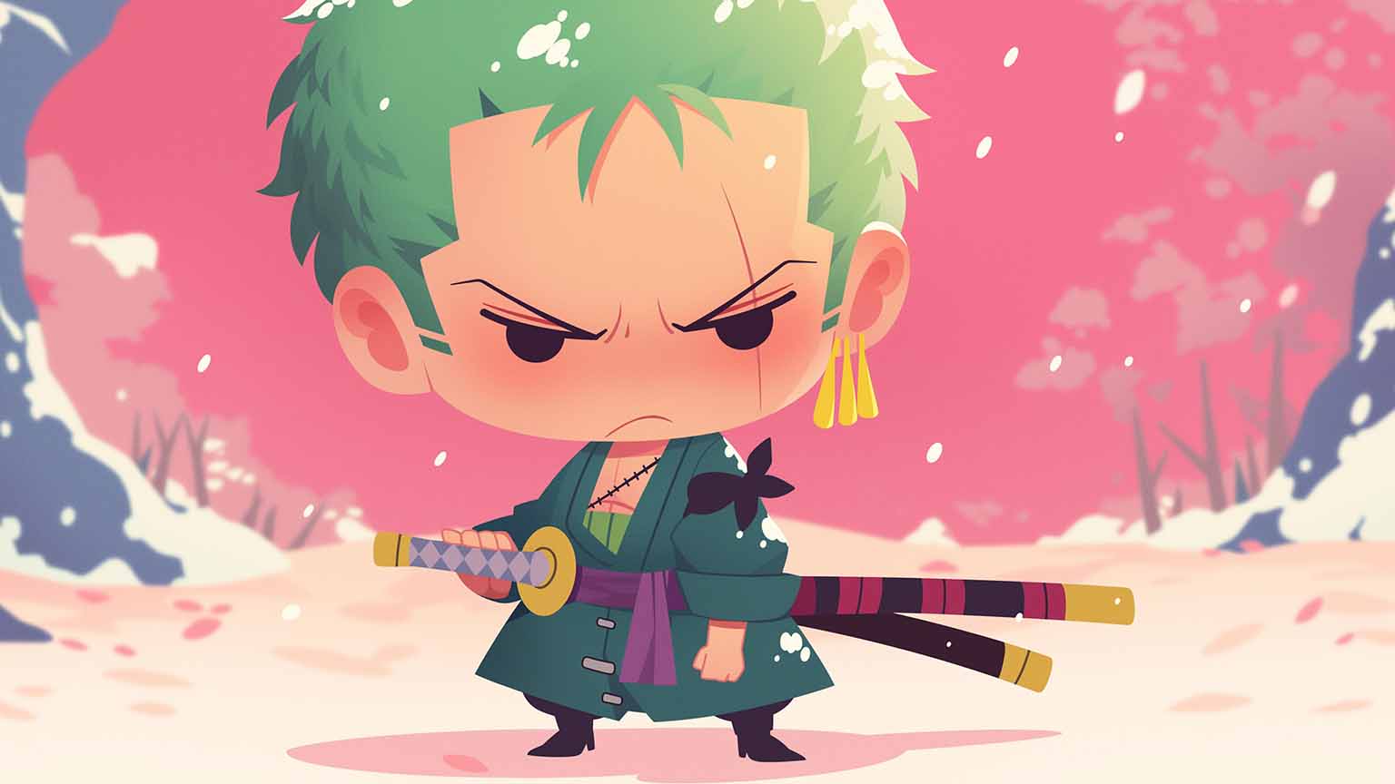 Free One Piece Zoro Chibi Winter Quest Desktop Wallpaper