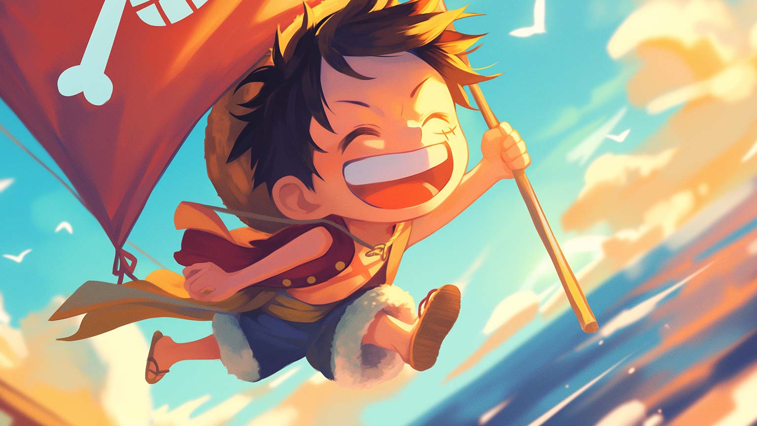 Chibi Luffy Pirate Flag Ocean Adventure Desktop Wallpaper in 4K