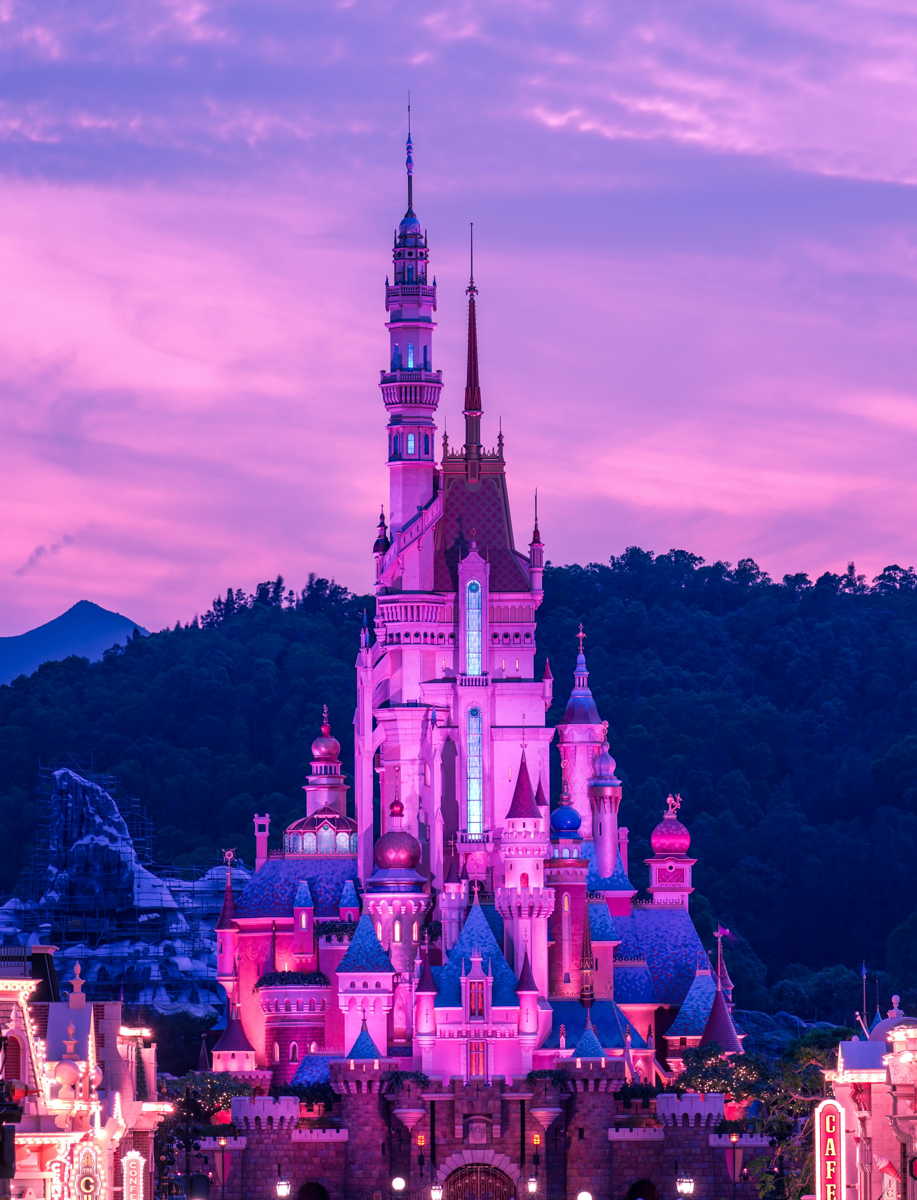 A castle with a pink and purple sky photo