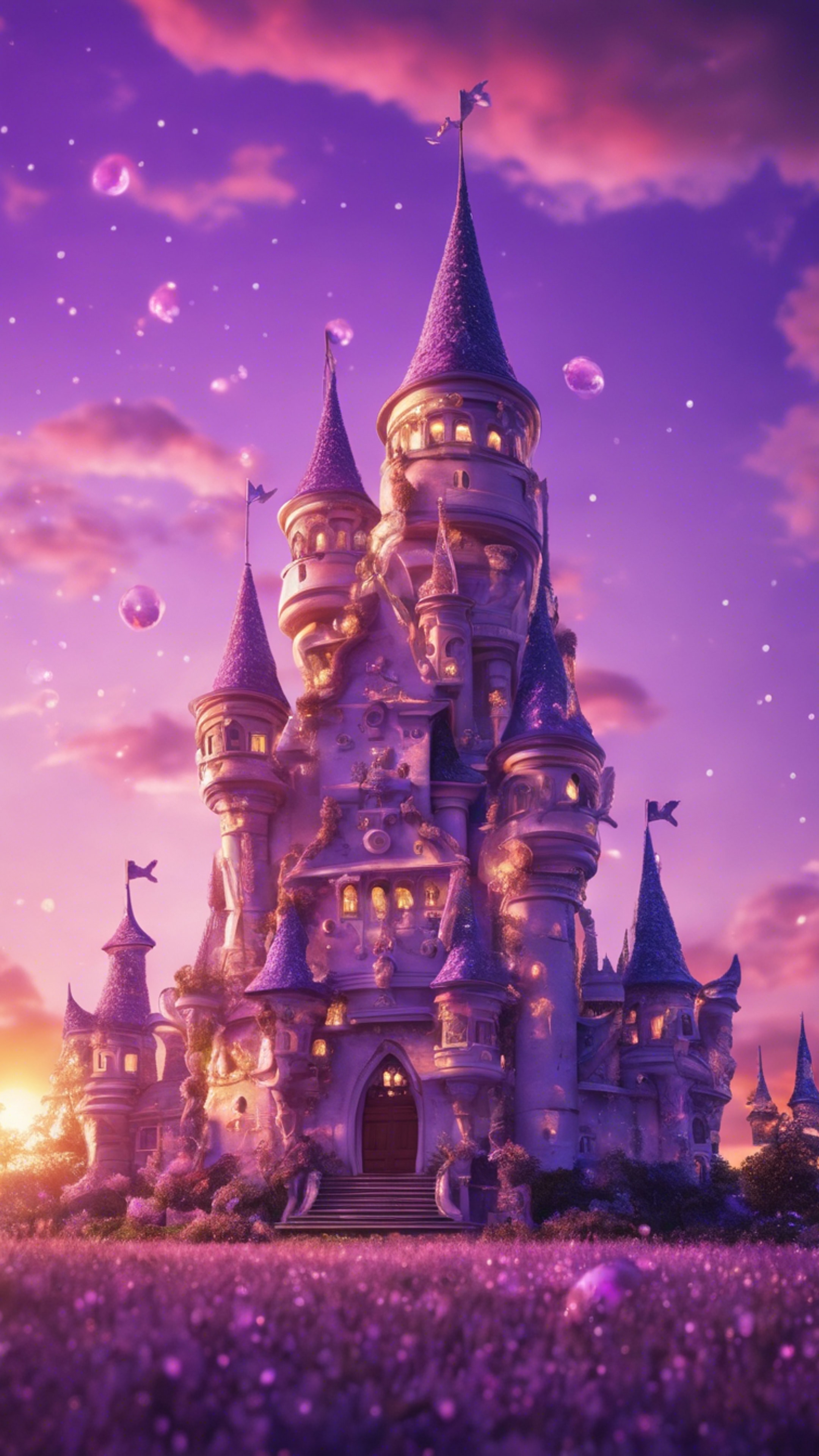 A crystal purple castle inhabited by kawaii fairies against a sunset sky. Wallpaper [f10ac0d5f2434ed1b579]