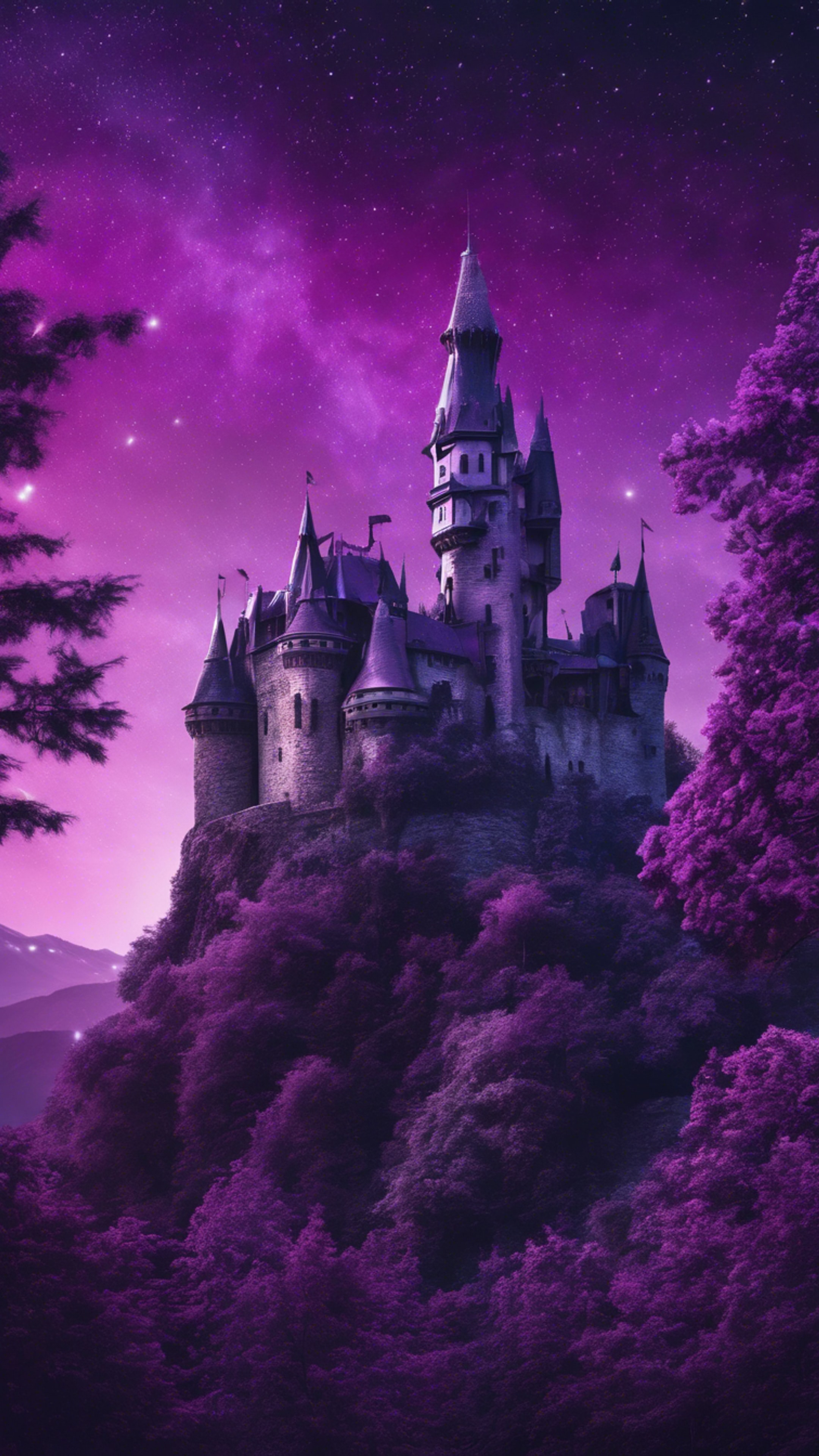 An imaginative collage including a deep purple night sky, a majestic purple castle, and a lush violet forest. Wallpaper [d69784f3cee744e79a0a]