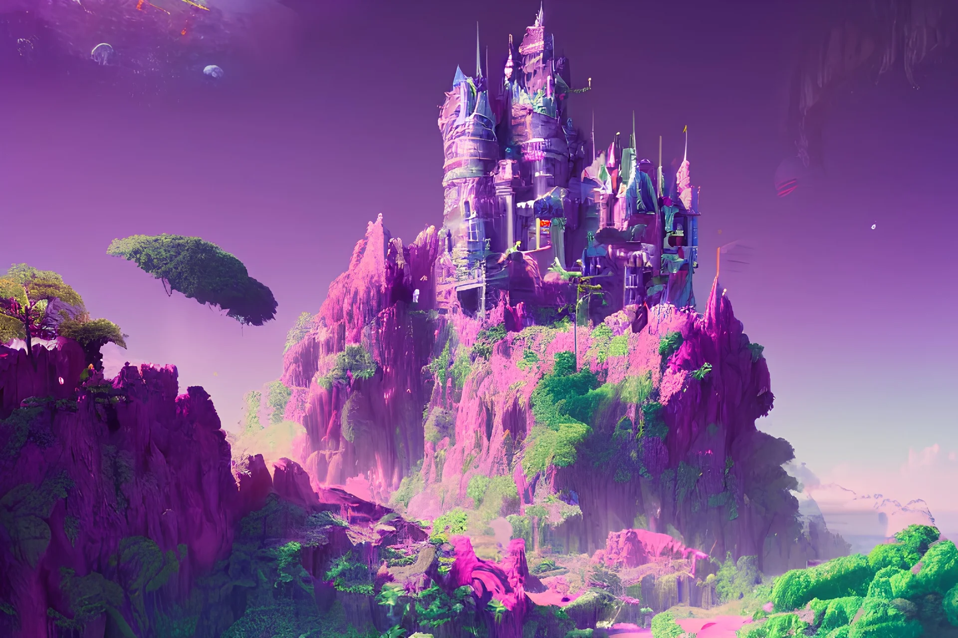 a kingdom, a castle on a purple alien