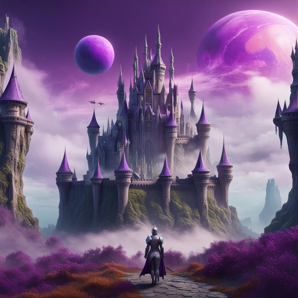 Knight, Castle, Spaceship on Purple Planet